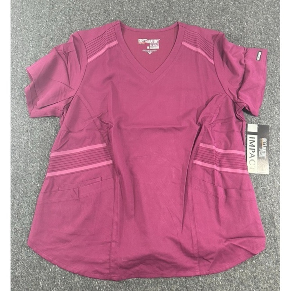 Greys Anatomy Impact by Barco Wine V-Neck Moto Stitch Scrub Top Womens Size 2XL